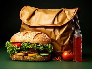 Nutritious packed lunch in a brown bag with wholesome snacks for school