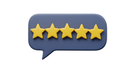 Five yellow stars displayed inside a blue speech bubble for customer feedback isolated on white background