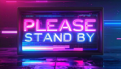 Neon sign reading 'PLEASE STAND BY' in a dark room with pink and blue hues.