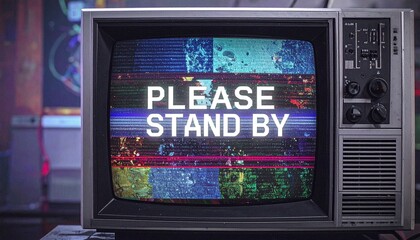 Close-up of a vintage CRT TV displaying a 'please stand by' message with distorted, glitchy visuals.
