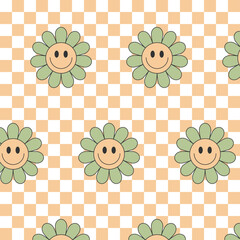 Seamless groovy pattern with green smiling flower on beige white checkered background, retro style vector design for textile and wrapping paper.