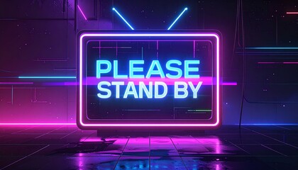 Neon sign on a monitor displaying 'PLEASE STAND BY' in a dark room with pink and blue neon lights.