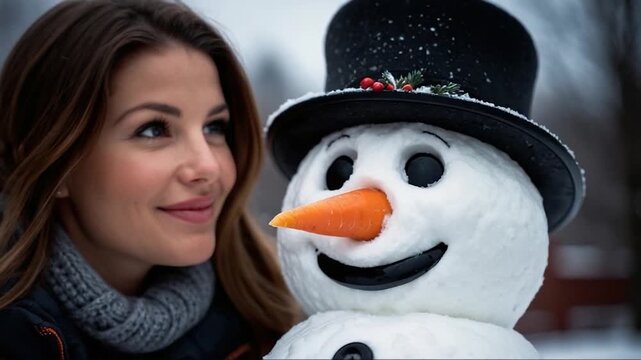 A woman stands beside a snowman, munching on a carrot