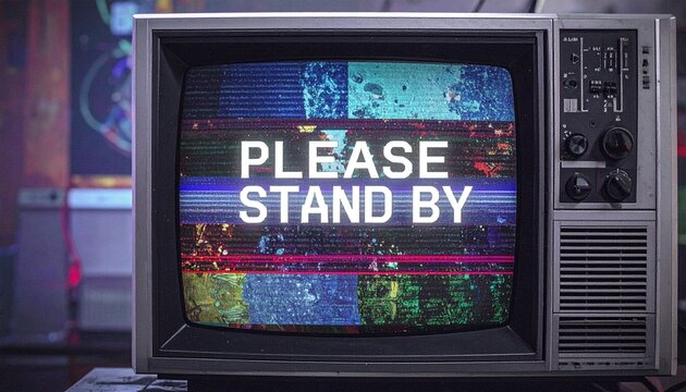 Close-up of a vintage CRT TV displaying a 'please stand by' message with distorted, glitchy visuals.