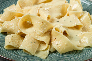 pasta papardelle in creamy garlic sauce, traditional Italian cuisine, pasta carbonara, homemade, no people,