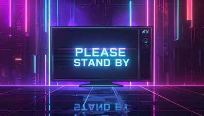 Neon lit television screen displaying 'PLEASE STAND BY' in a futuristic room with purple and blue neon lights.