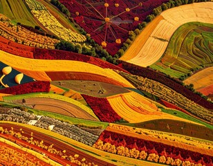 Aerial view of colorful agricultural fields, showcasing diverse crops and textures across the landscape.