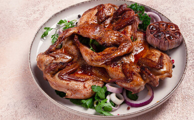 fried, quail meat, tobacco (tapaka), with spices, homemade, no people,