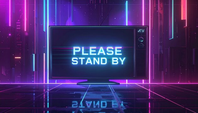 Neon lit television screen displaying 'PLEASE STAND BY' in a futuristic room with purple and blue neon lights.