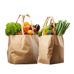 Kraft paper bag filled with different fruits and vegetables isolated on transparen background (PNG)