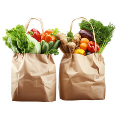 Kraft paper bag filled with different fruits and vegetables isolated on transparen background (PNG)