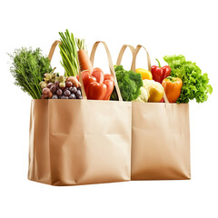 Kraft paper bag filled with different fruits and vegetables isolated on transparen background (PNG)
