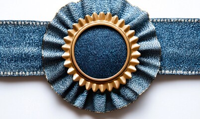 A close-up of a faded denim blue ribbon rosette with a gold-toned center
