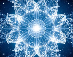 A luminous blue and white crystalline fractal mandala glowing with cosmic energy on a dark starry background.