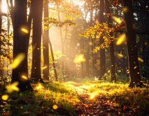 Sunlight streams through a forest path lined with autumn leaves and falling golden particles.