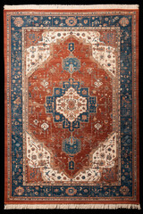 Oriental Rug with Geometric Medallion Design in Terracotta, Blue, and Ivory Tones