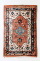 Oriental Rug with Geometric Medallion Design in Terracotta, Blue, and Ivory Tones