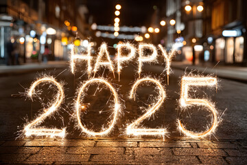 "Happy New Year 2025" written in glowing letters with sparklers illuminating a festive night scene