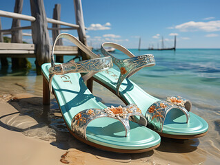 Beach sandals left on a pier with the ocean and sky in the distance