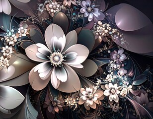 Elegant fractal floral arrangement with intricate details and soft, pearlescent petals in muted tones against a dark background, creating an abstract botanical design.