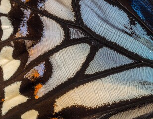 A detailed macro photograph of a butterfly wing, showcasing its intricate patterns, veins, and colorful scales.