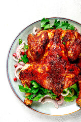 whole fried chicken, with spices, grilled chicken, on a light background, top view, homemade, no people,