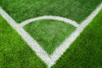 Aerial Close Up Green Grass Corner Line on Soccer Field Background