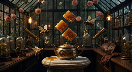 Enchanted Honey Teapot with Floating Honeycomb, Bees, and Roses in a Vintage Greenhouse Laboratory