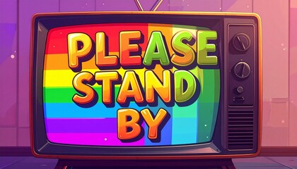 Retro TV screen displaying 'Please Stand By' message with rainbow colors and vintage aesthetic against a pink background.