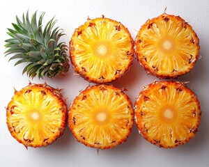 Fresh pineapple slices arranged on a white surface