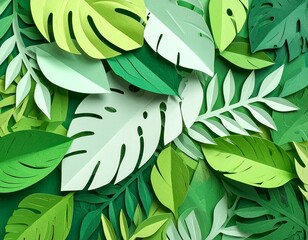 Paper crafted green leaves of various shapes and sizes, creating a lush, layered botanical background.