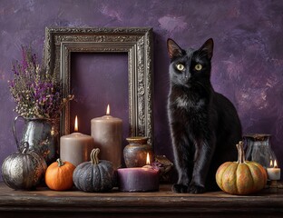 Plakat Black Cat on Table with Empty Picture Frame, Candles, and Pumpkins on Purple Background