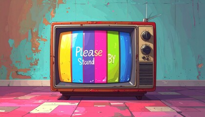 Retro television with 'Please stand by' message on screen in a colorful room
