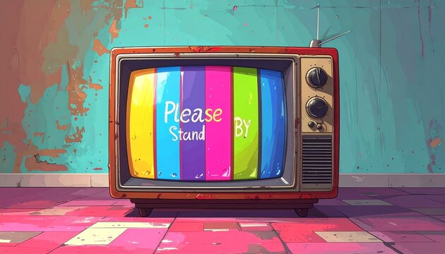 Retro television with 'Please stand by' message on screen in a colorful room