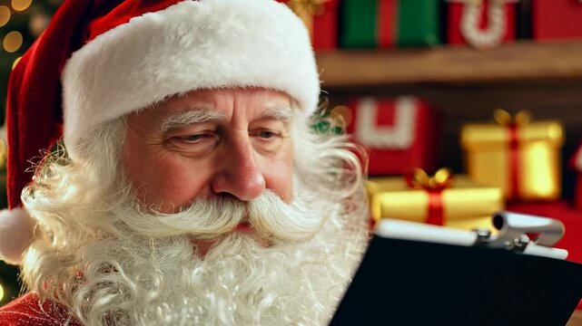 Santa Claus sits in the warehouse of his factory and keeps a record of gifts. Warehouse of gifts of Santa Claus. Accounting and distribution Christmas gifts for all children on the planet.