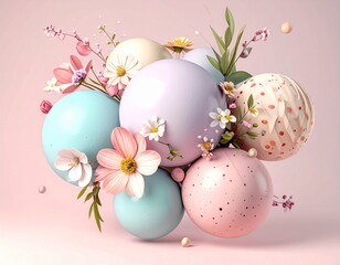 Pastel Easter eggs with floral decorations on a soft pink background.