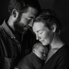 Tender black and white portrait of a new family embracing their sleeping newborn baby.