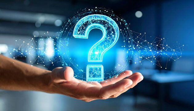 Hand holding a digital question mark