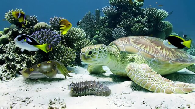 A majestic green sea turtle rests on a sandy seabed surrounded by a vibrant coral reef with a cuttlefish sea cucumber and colorful tropical fish swimming by.