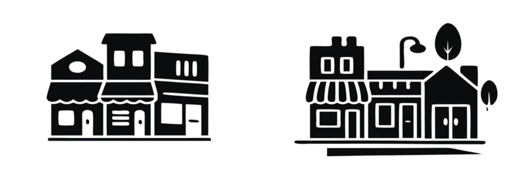 Set of black and white storefront icons representing a small town main street with various building facades and shops 
