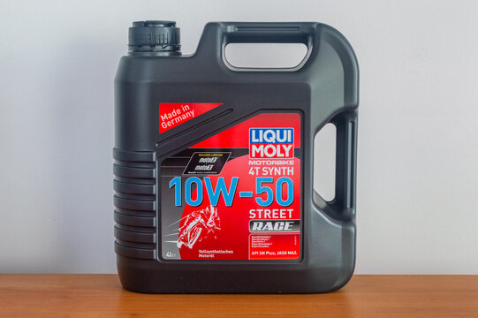 Pruszcz Gdanski, Poland - September 14, 2025: Liqui Moly Motorbike 4T synth 10W-50 street race motor oil.