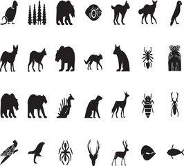 Naklejka premium Black silhouette vector icons of wildlife animals and insects