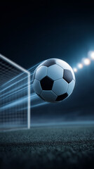 Naklejka premium Blue Soccer Ball Flying to Goal with Light Trails