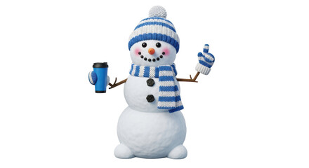 Isolated snowman wearing hat and scarf holding coffee cup, fun and festive for winter