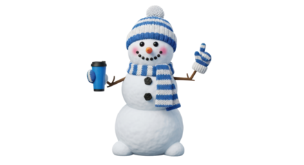 Isolated snowman wearing hat and scarf holding coffee cup, fun and festive for winter