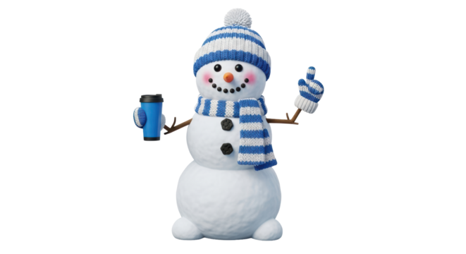 Isolated snowman wearing hat and scarf holding coffee cup, fun and festive for winter