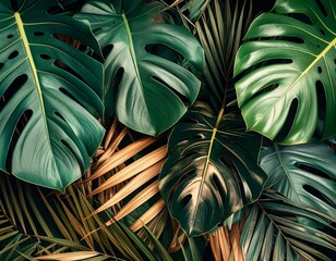 A close-up view of lush green monstera leaves and golden palm fronds, creating a rich tropical foliage background.