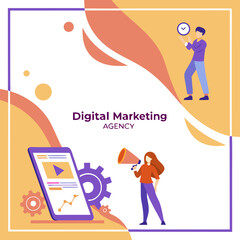 Flat vector illustration of digital marketing agency concept featuring people, smartphone, gears, charts, and megaphone. Perfect for business promotion, online advertising, SEO services, and social me