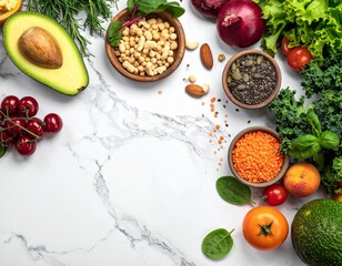 Nutrient dense, plant based ingredients on marble table