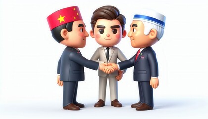 International diplomacy event leaders shaking hands in a cartoon style business environment collaborative viewpoint